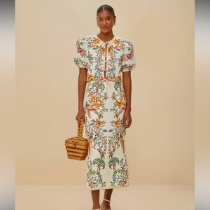 FARM Rio Off-White Delicate Forest Euroflax™ Premium Linen Midi Skirt